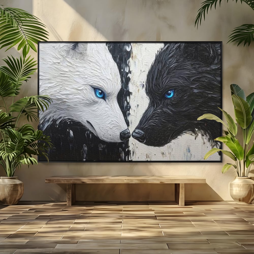 Tablou canvas cu tablou canvas cu doi lupi, in rama de aluminiu negru
